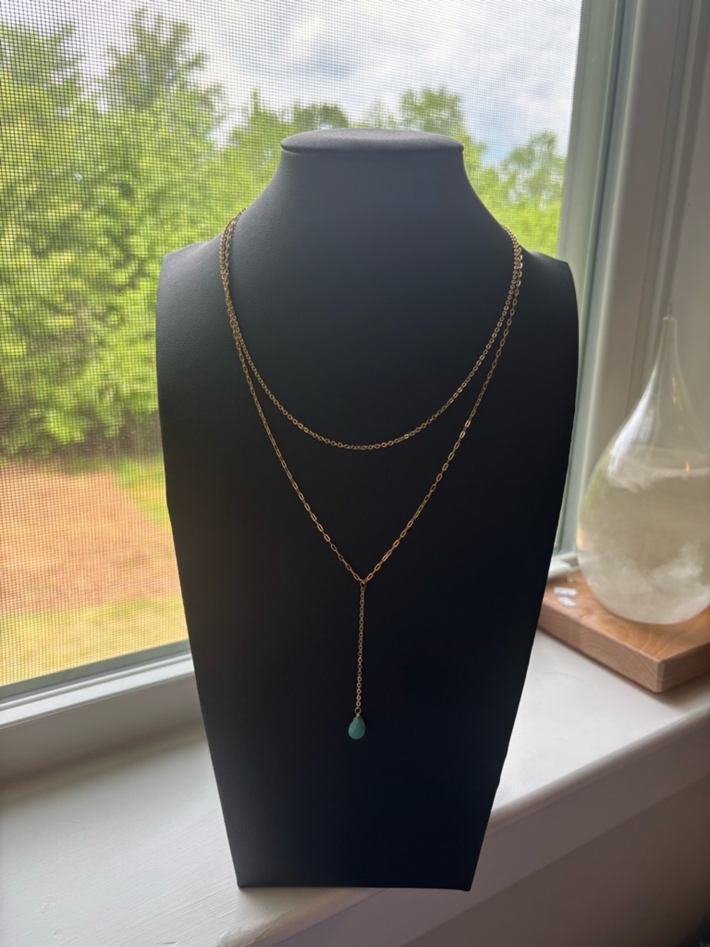 Gold Plated Lariat Necklace Turquoise Teardrop Pendant Y Necklace Layered Boho - Picture 13 of 16